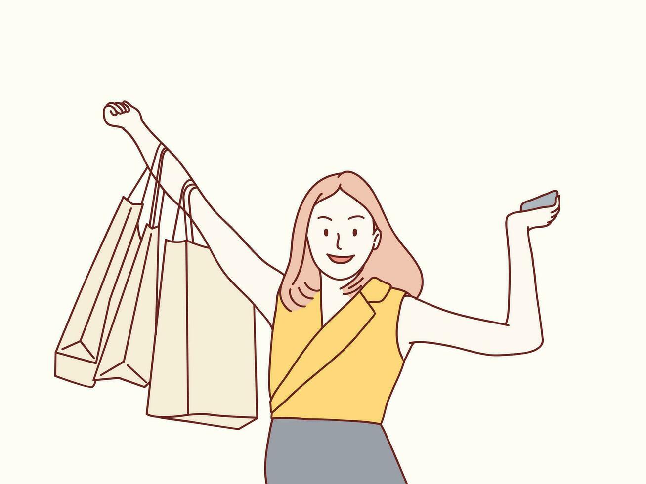 glücklich attraktiv verlassen jung Frau Tragen Einkaufen Taschen einfach Koreanisch Stil Illustration vektor
