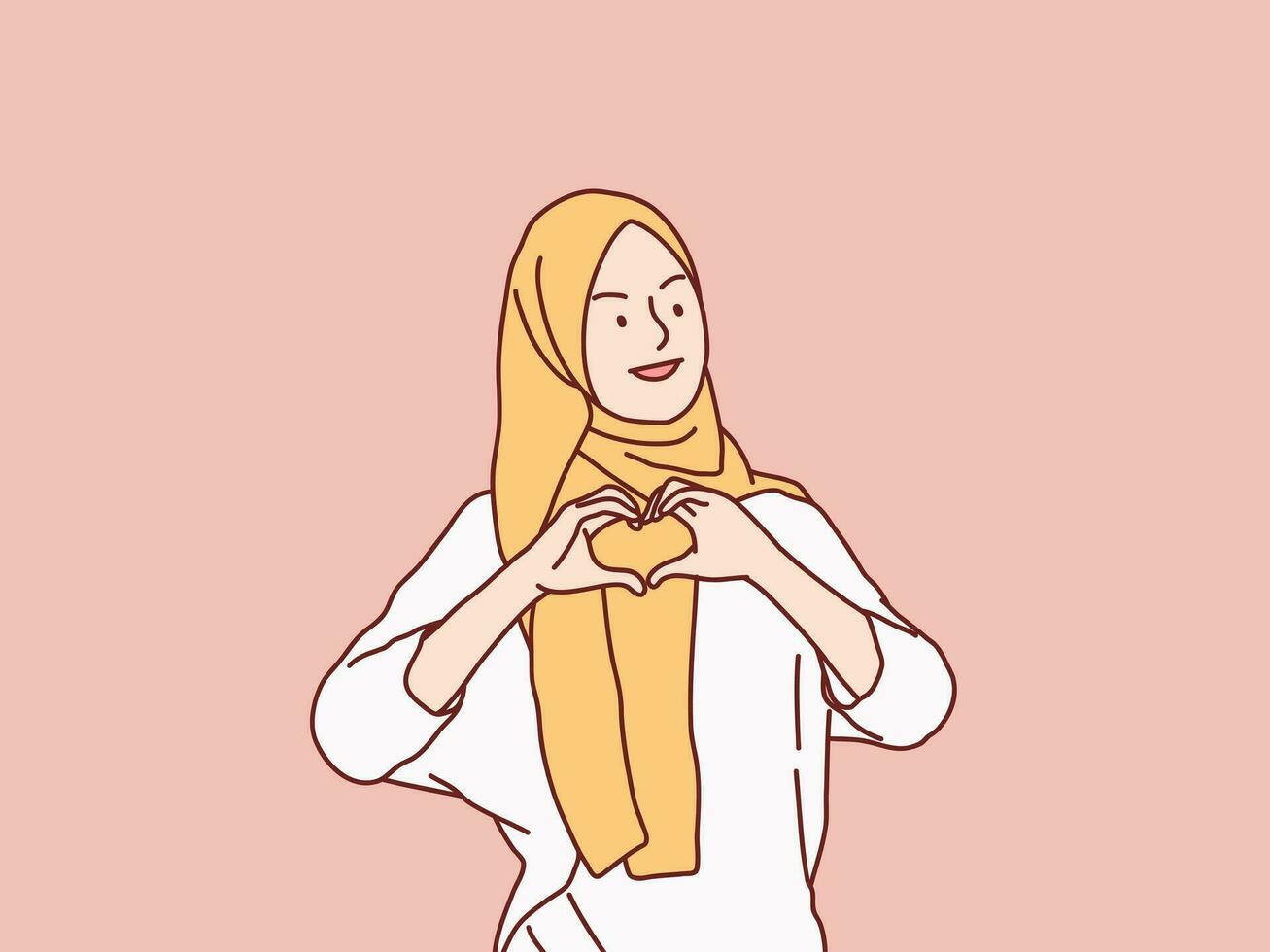 Frau Muslim Hijab Gefühl glücklich und romantisch gestalten Herz Liebe Geste einfach Koreanisch Stil Illustration vektor