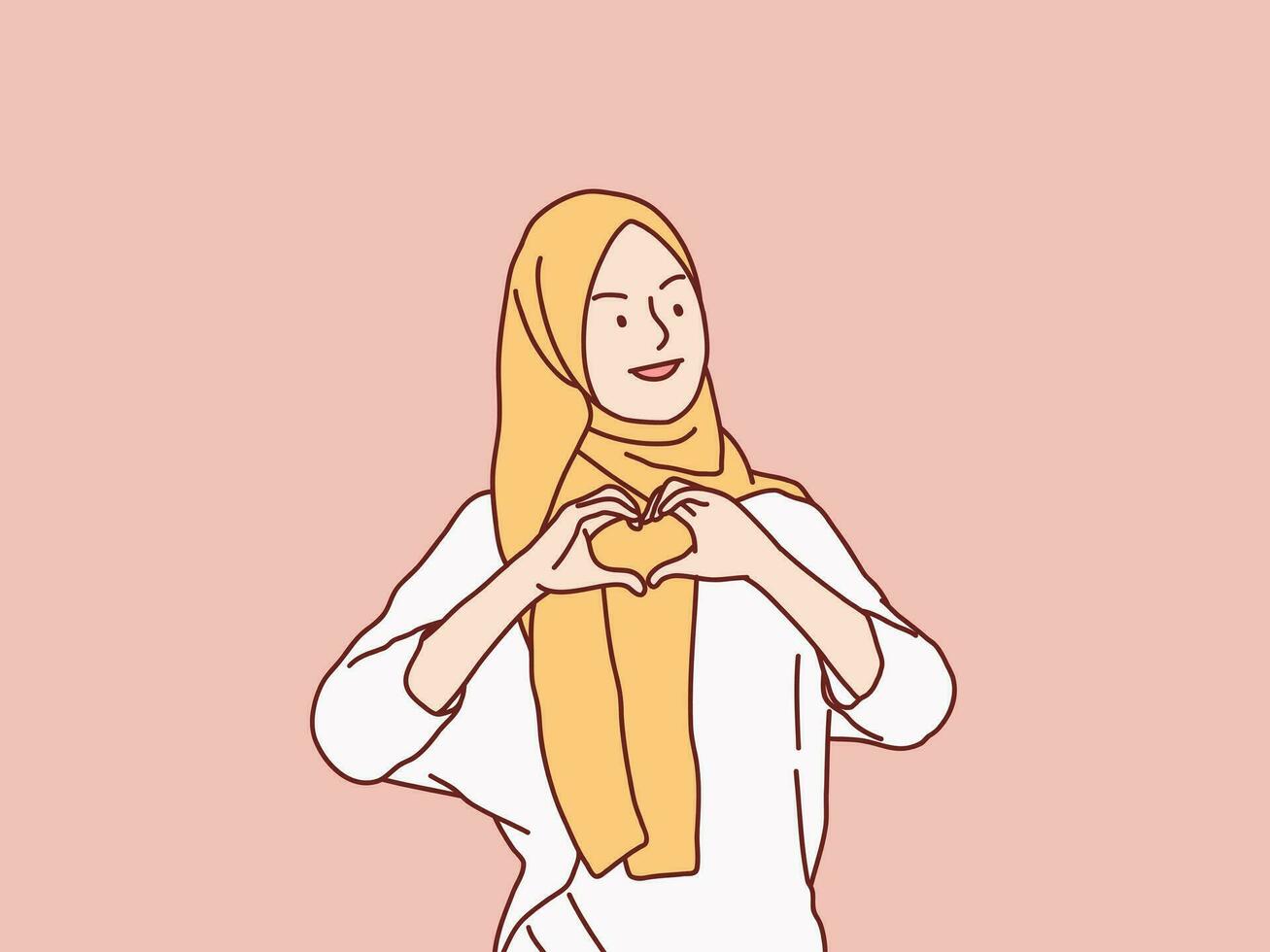 kvinna muslim hijab känsla Lycklig och romantisk form hjärta kärlek gest enkel koreanska stil illustration vektor