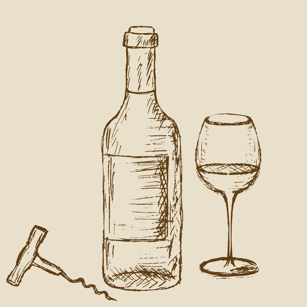 handritad flaska vin med ett glas och korkskruv. vektor