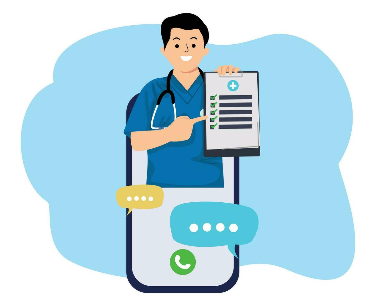 Smartphone mit Mann Arzt knallen aus von Bildschirm online Beratung tele Medizin Video Anruf medizinisch Versicherung vektor