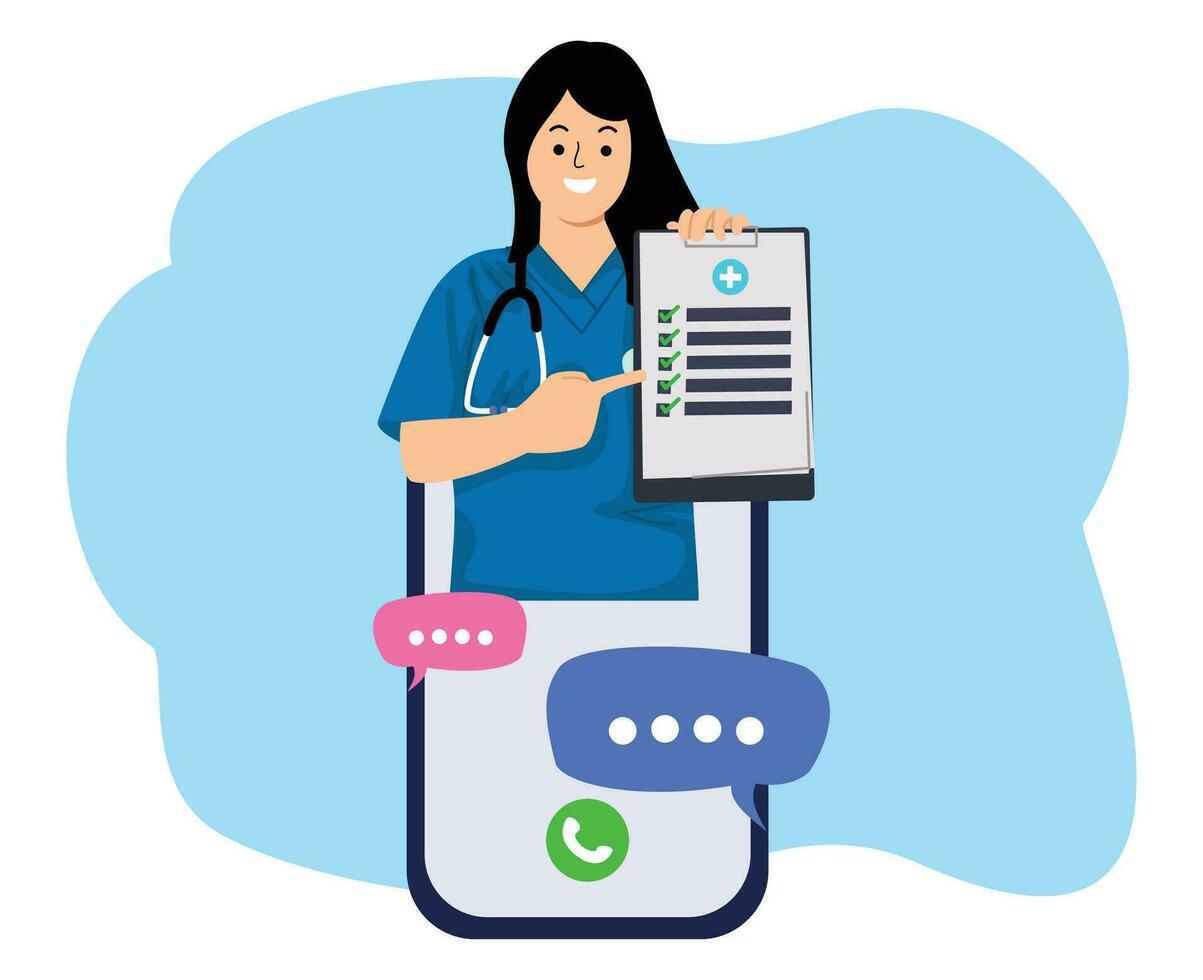 Smartphone mit Frau Arzt knallen aus von Bildschirm online Beratung Video Anruf medizinisch Versicherung vektor
