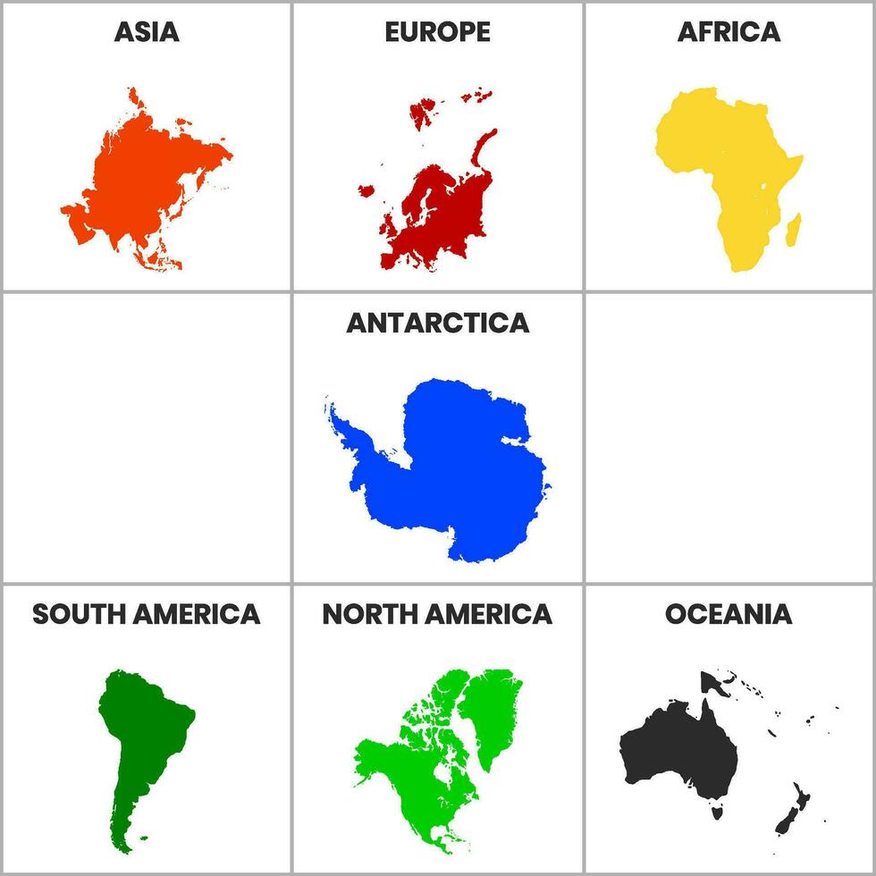 das Kontinent, 7 Kontinente Asien, Afrika, Europa, Norden Amerika, Süden Amerika, Ozeanien, Antarktis eben Welt isoliert Vektor Illustration