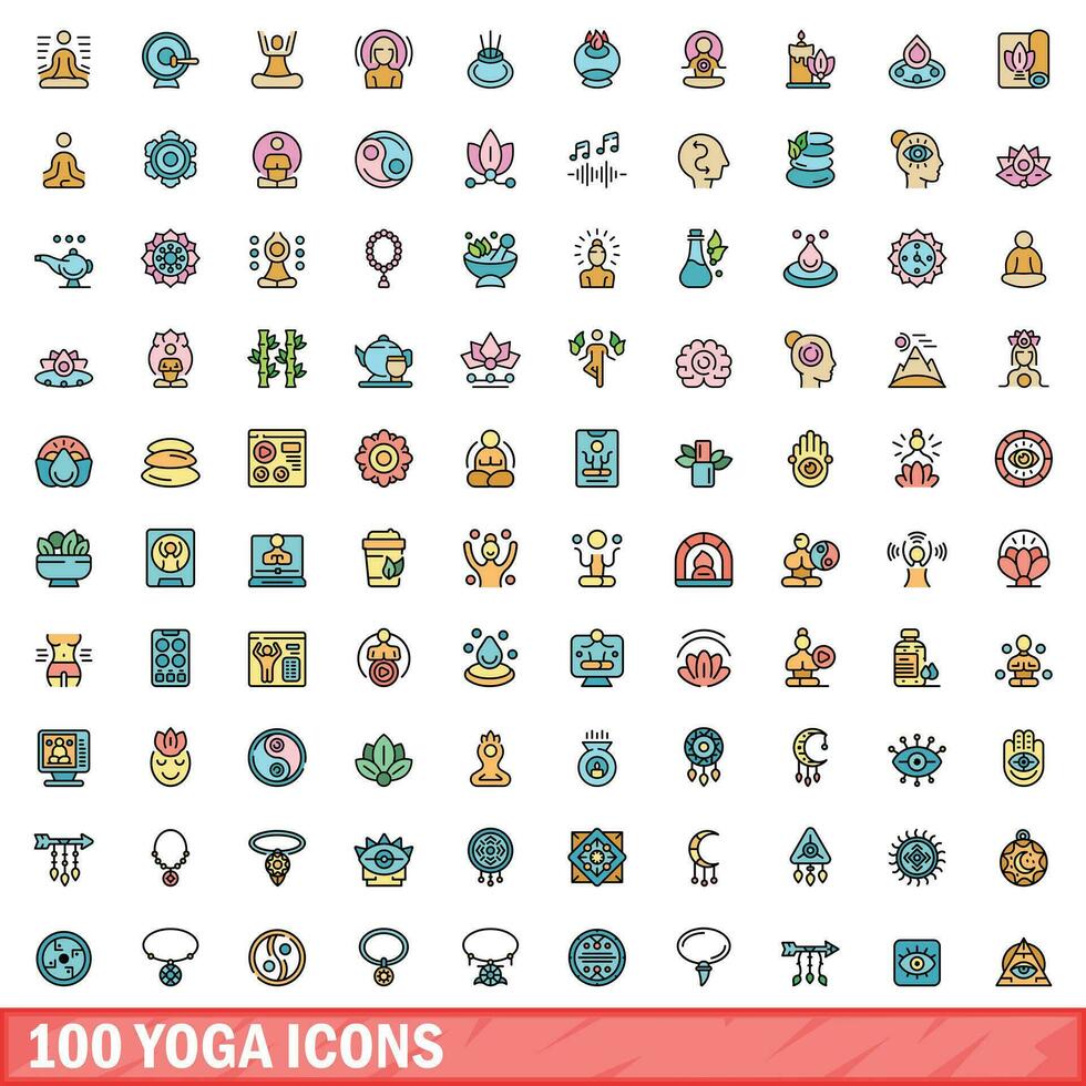 100 yoga ikoner uppsättning, Färg linje stil vektor
