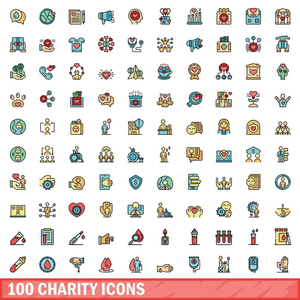 100 välgörenhet ikoner uppsättning, Färg linje stil vektor