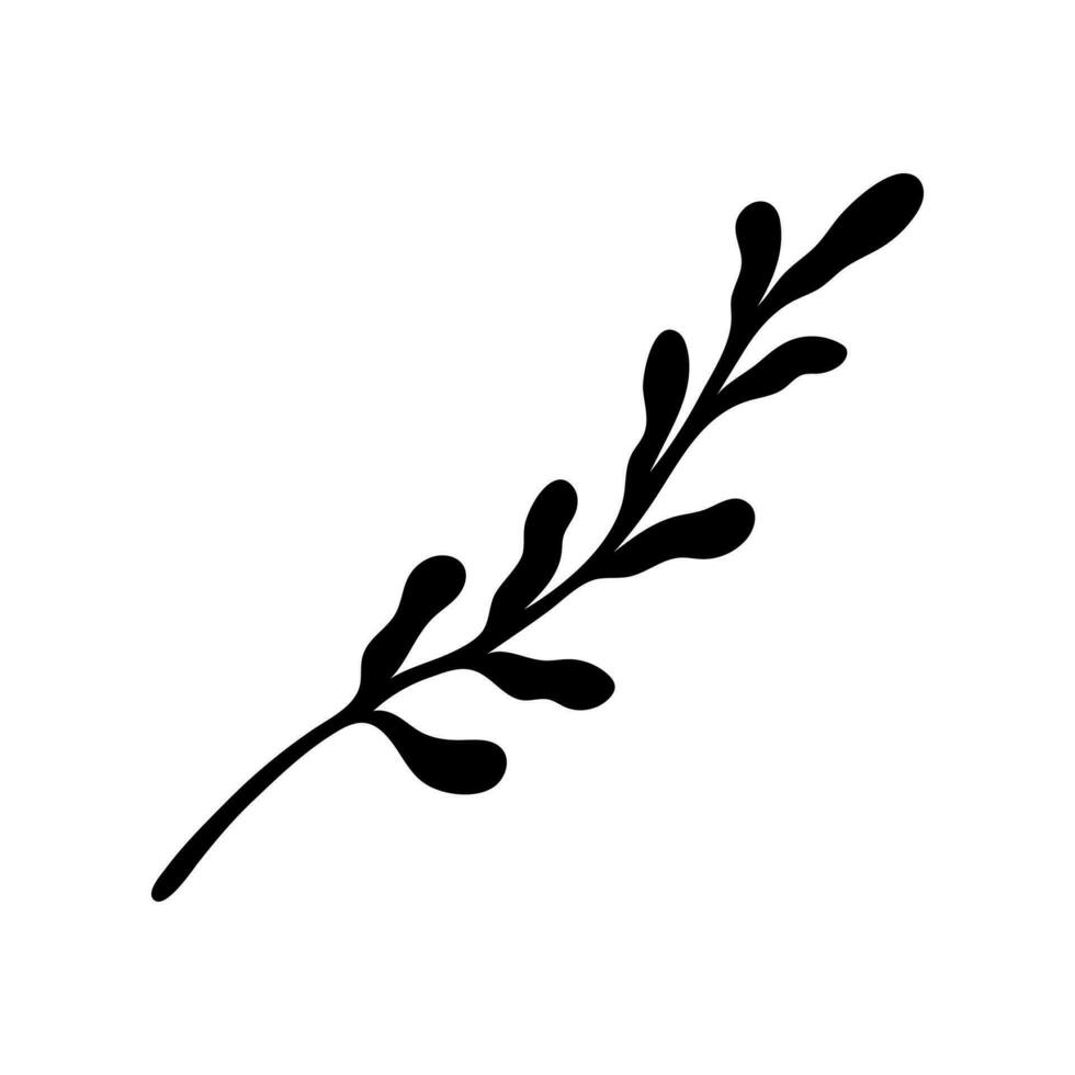 torr gren med löv vektor ikon. fading höst växt, silhuett av en visnade kvist. vild träd kvist. hand dragen klotter, isolerat botanisk skiss. blommig falla ClipArt. svart element för skriva ut, webb