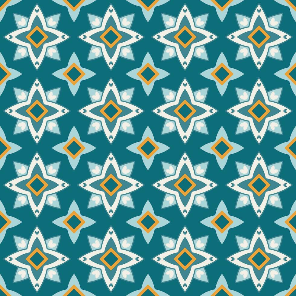 Arabisch geometrisch Mosaik druckbar nahtlos Muster mit abstrakt marokkanisch drucken im Blau und Orange Farben. Ramadan kareem traditionell islamisch Kunst Illustration Hintergrund vektor
