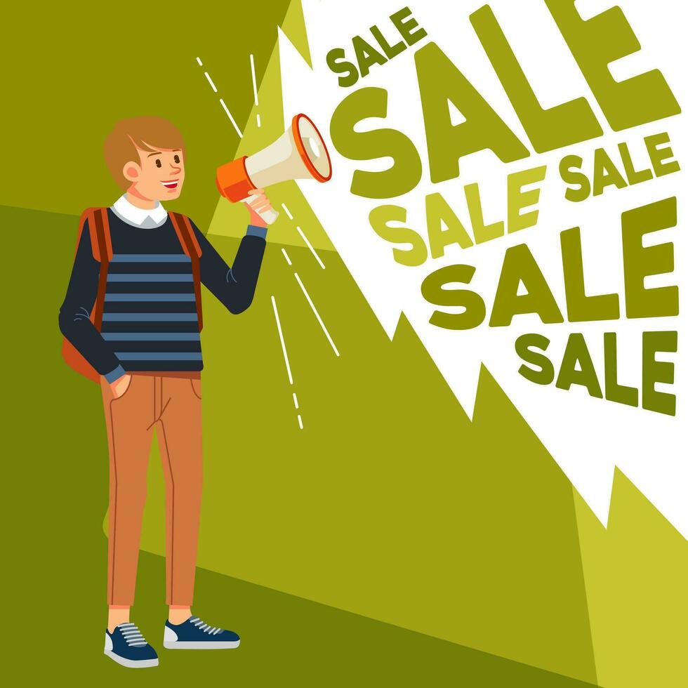 glücklich jung Mann halten Megaphon schreien laut Anrufe Kunden ankündigen Verkauf Beförderung Werbung Konzept vektor
