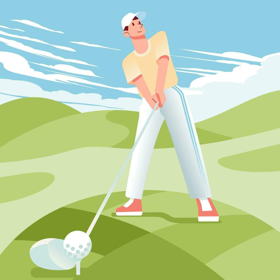 Männer spielen Golf im das Felder tragen beiläufig Outfit und Hut, erhalten bereit zu schlagen das Ball Vektor Illustration