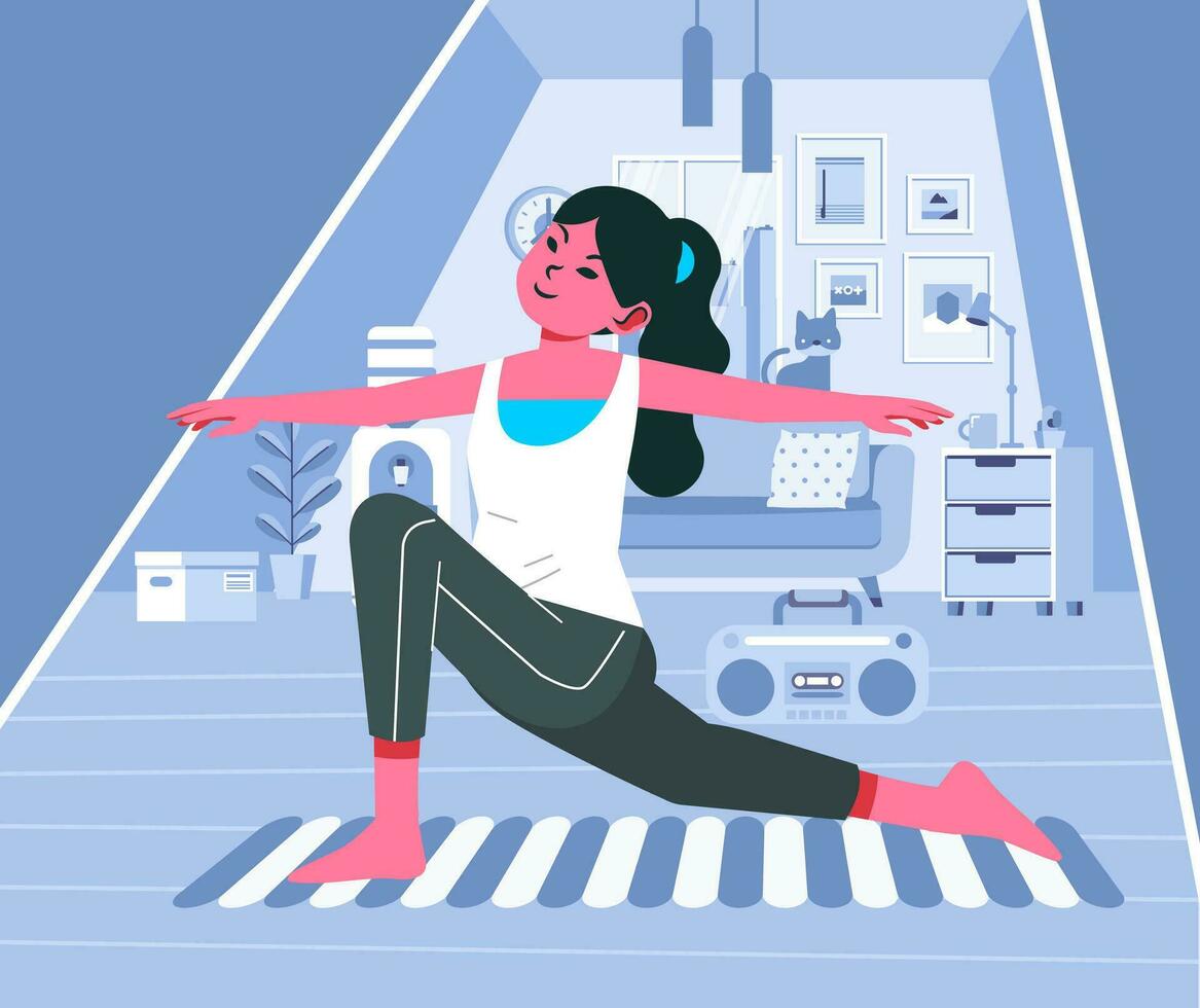 ung friska kvinna håller på med yoga på Hem i levande rum, med yoga matta och hus interiör i de bakgrund vektor illustration