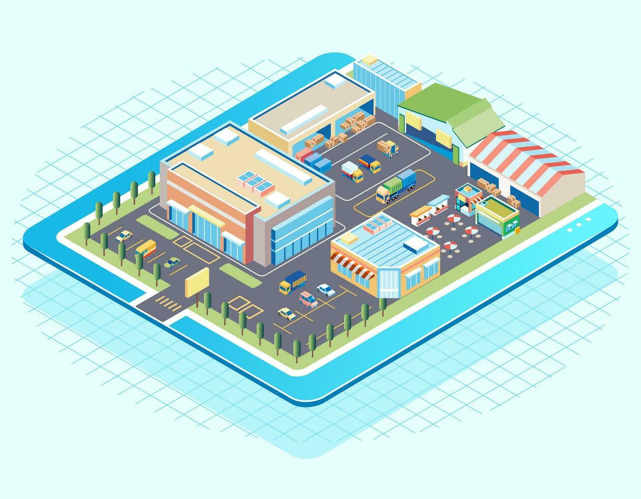 isometrisch Illustration von ein Einkaufszentrum Komplex und ein Warenhaus zum Waren Lagerung, ein Transport LKW ist Wird geladen Waren vektor