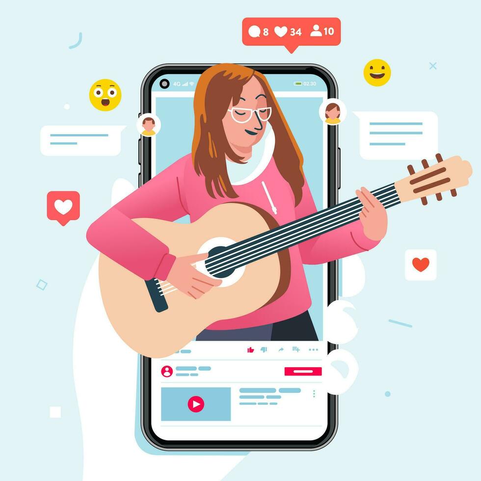 Vektor Illustration von Frauen Singen während spielen Gitarre im Video Inhalt auf Telefon Aussicht hat viele Likes und Kommentar