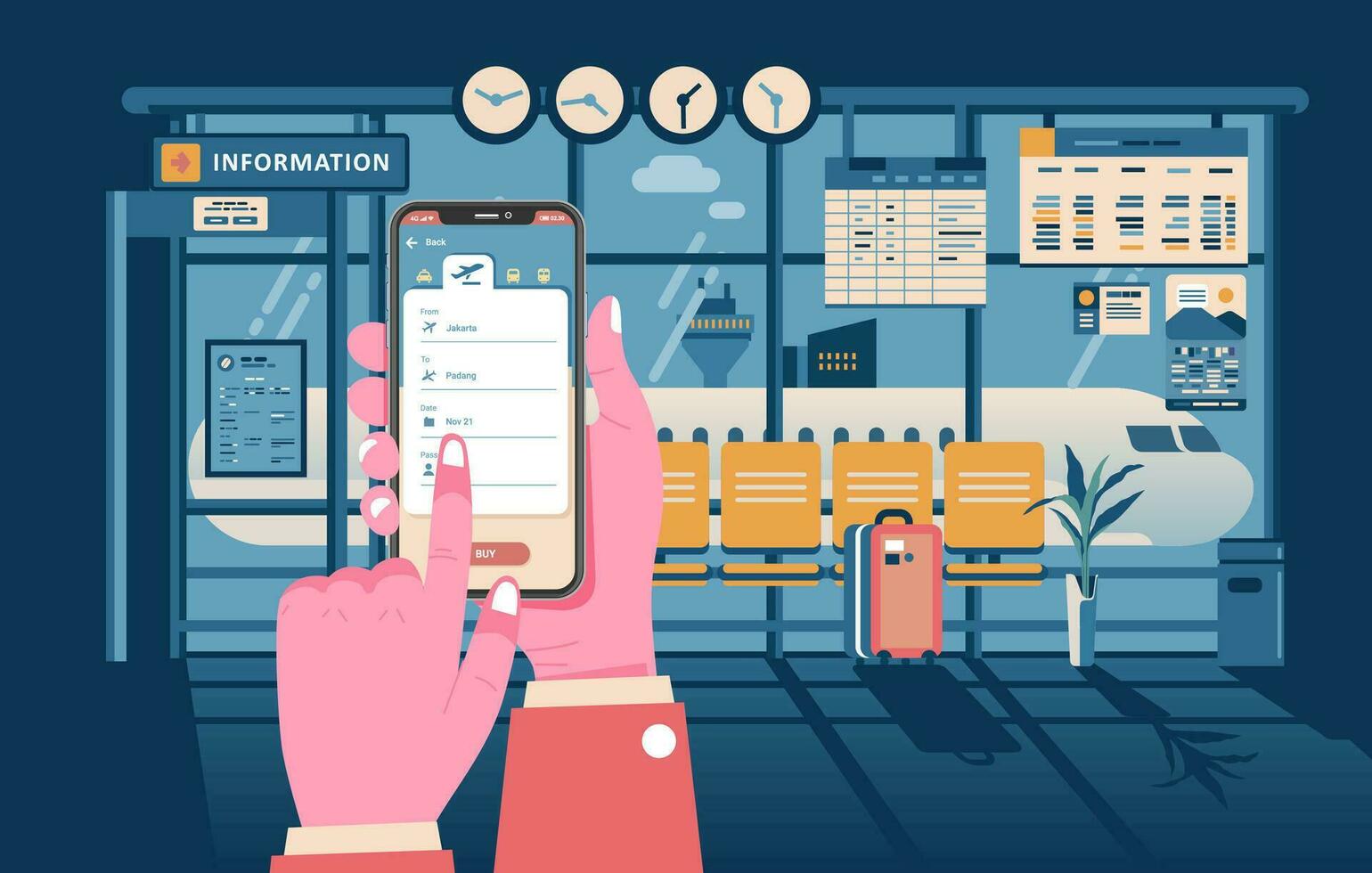 uppkopplad Ansökan för flyg information, ge information av de flygplats, flyg. hand innehav telefon och flygplats interiör som bakgrund vektor illustration