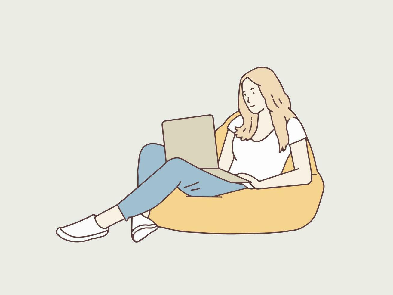 entspannen Frau mit Laptop auf Sitzsack einfach Koreanisch Stil Illustration vektor
