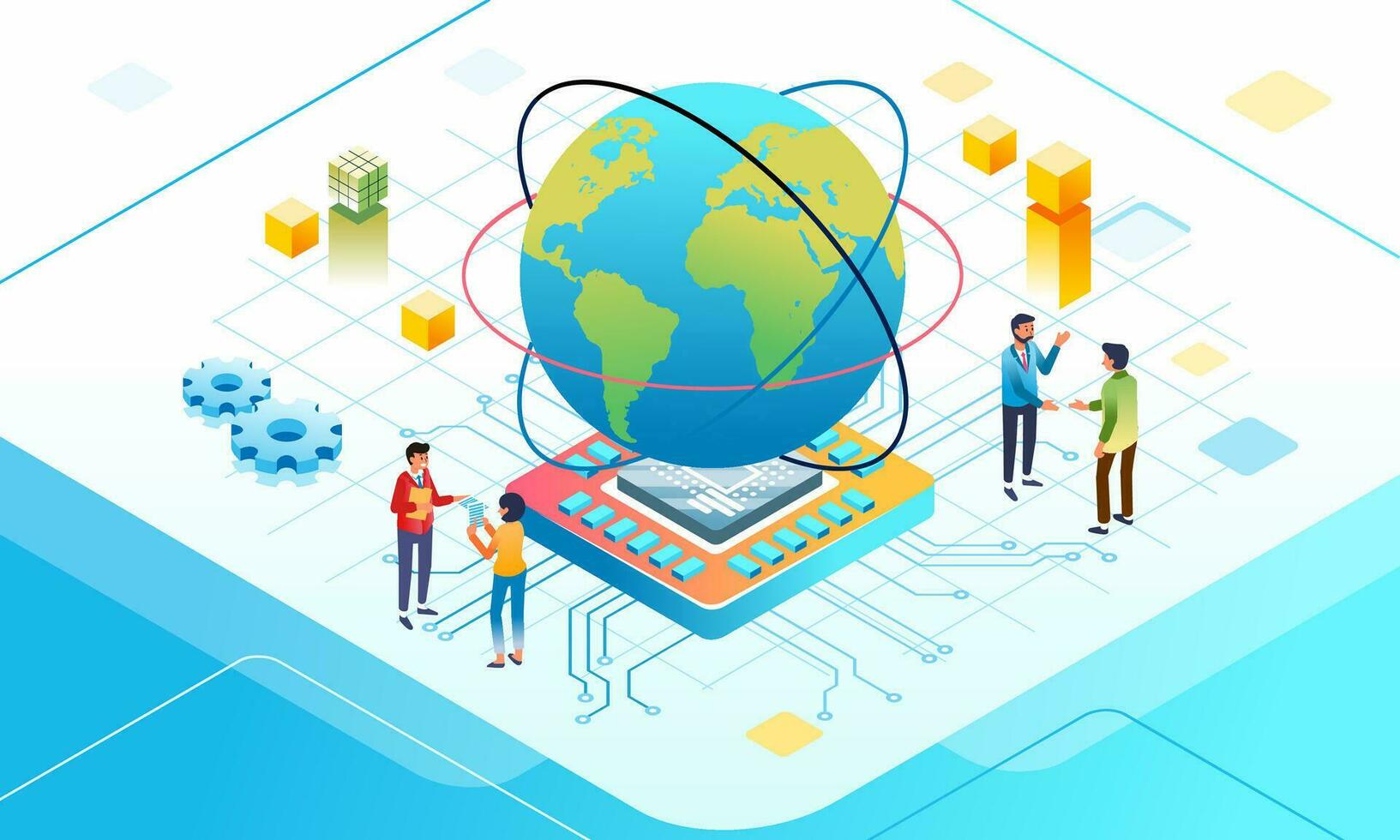 isometrisch Illustration von Daten Kommunikation und Internet Konnektivität, groß Globus mit Chip Tafel unter und Menschen sich unterhalten zu jeder andere vektor