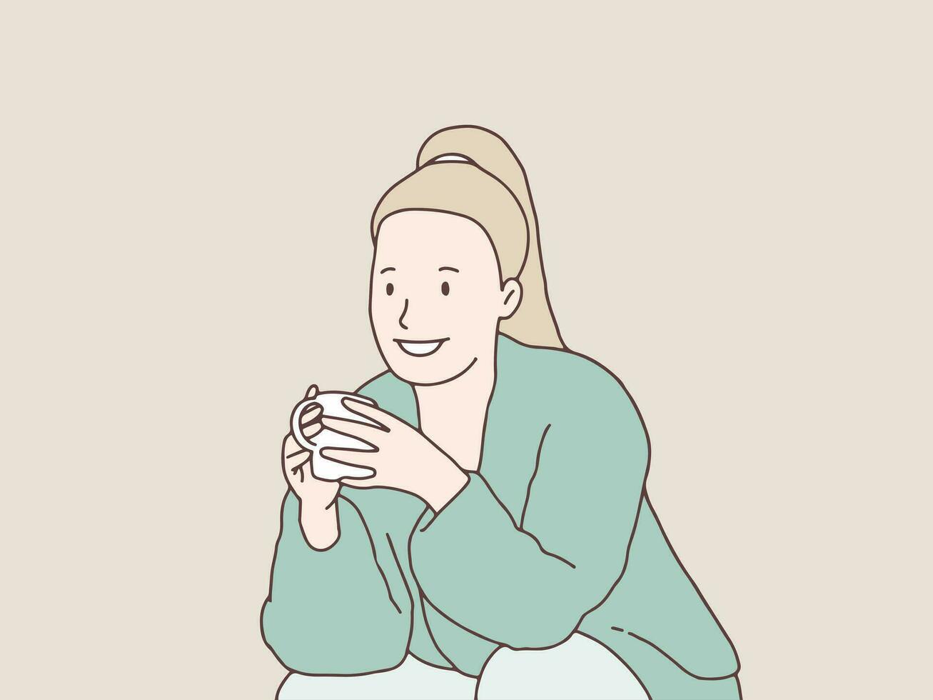 koppla av smilling kvinna njuter en kopp av kaffe enkel koreanska stil illustration vektor