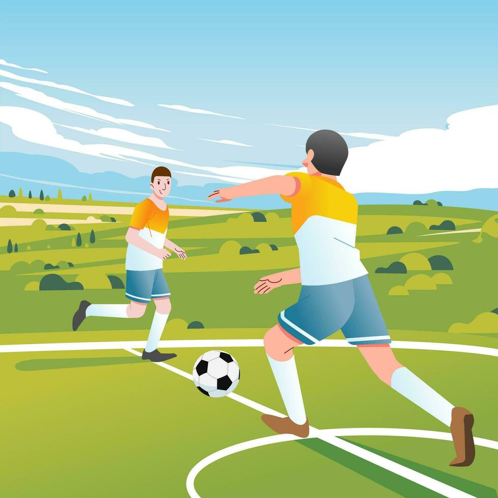 zwei Fußball Spieler spielen Fußball im das draussen Felder, ein breit Grün Senke wie ein Hintergrund Vektor Illustration