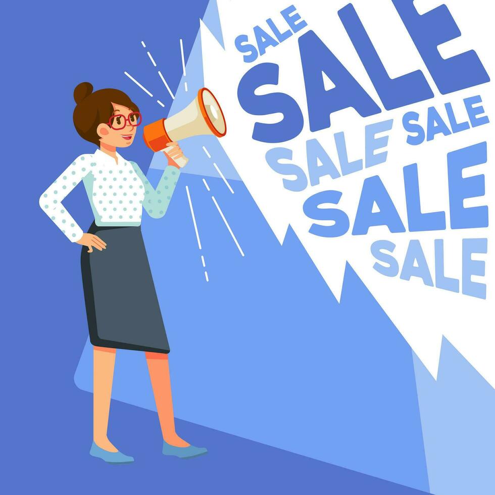 Lycklig försäljning kvinna innehav megafon skrikande högt samtal kunder tillkännager försäljning befordran reklam begrepp vektor
