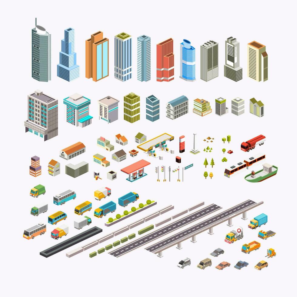 uppsättning isometrisk stad byggnad, transport, hus och offentlig område vektor illustration