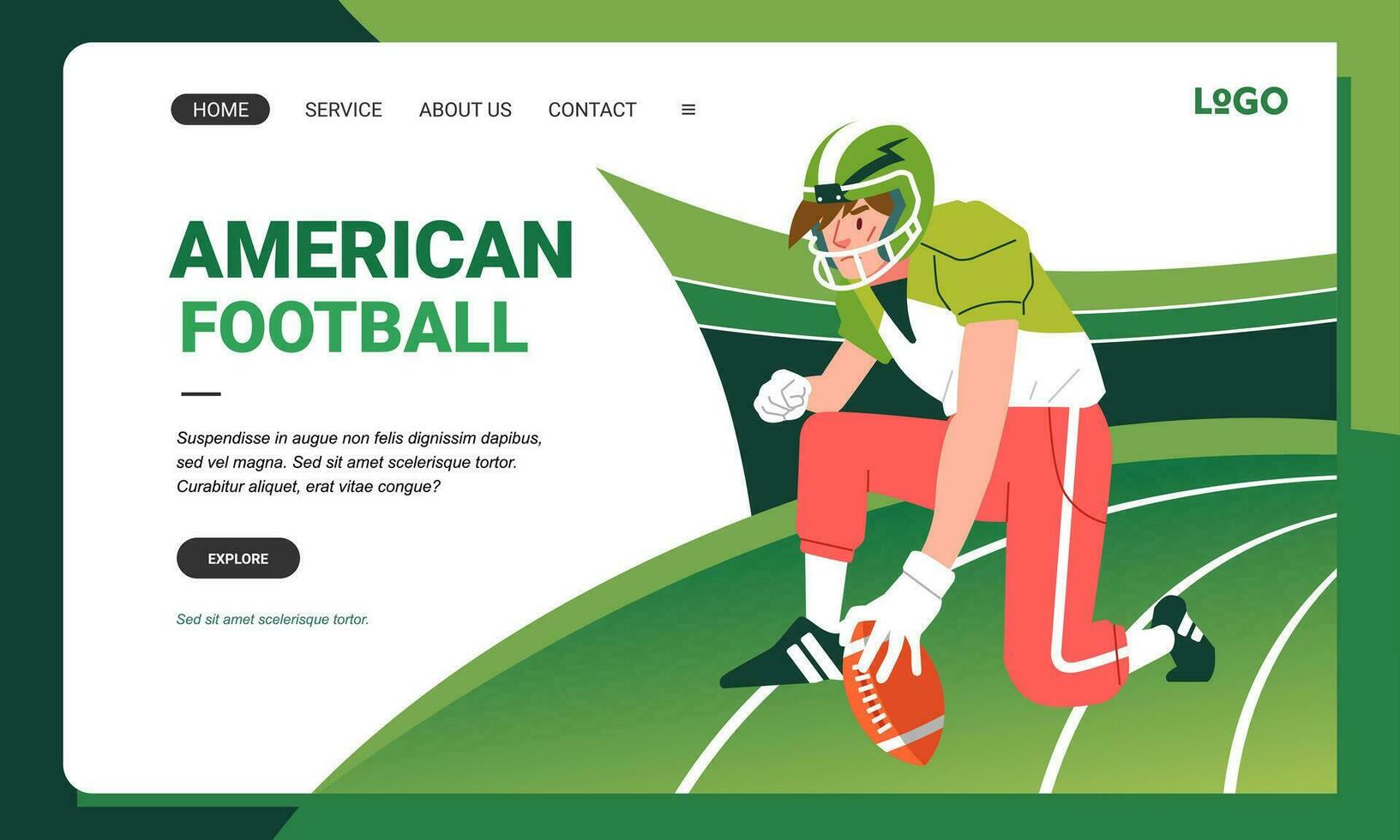 amerikanisch Fußball minimalistisch Banner Netz Illustration Handy, Mobiltelefon Landung Seite gui ui Spieler bereit Haltung Theaterstücke Spiel auf Feld vektor