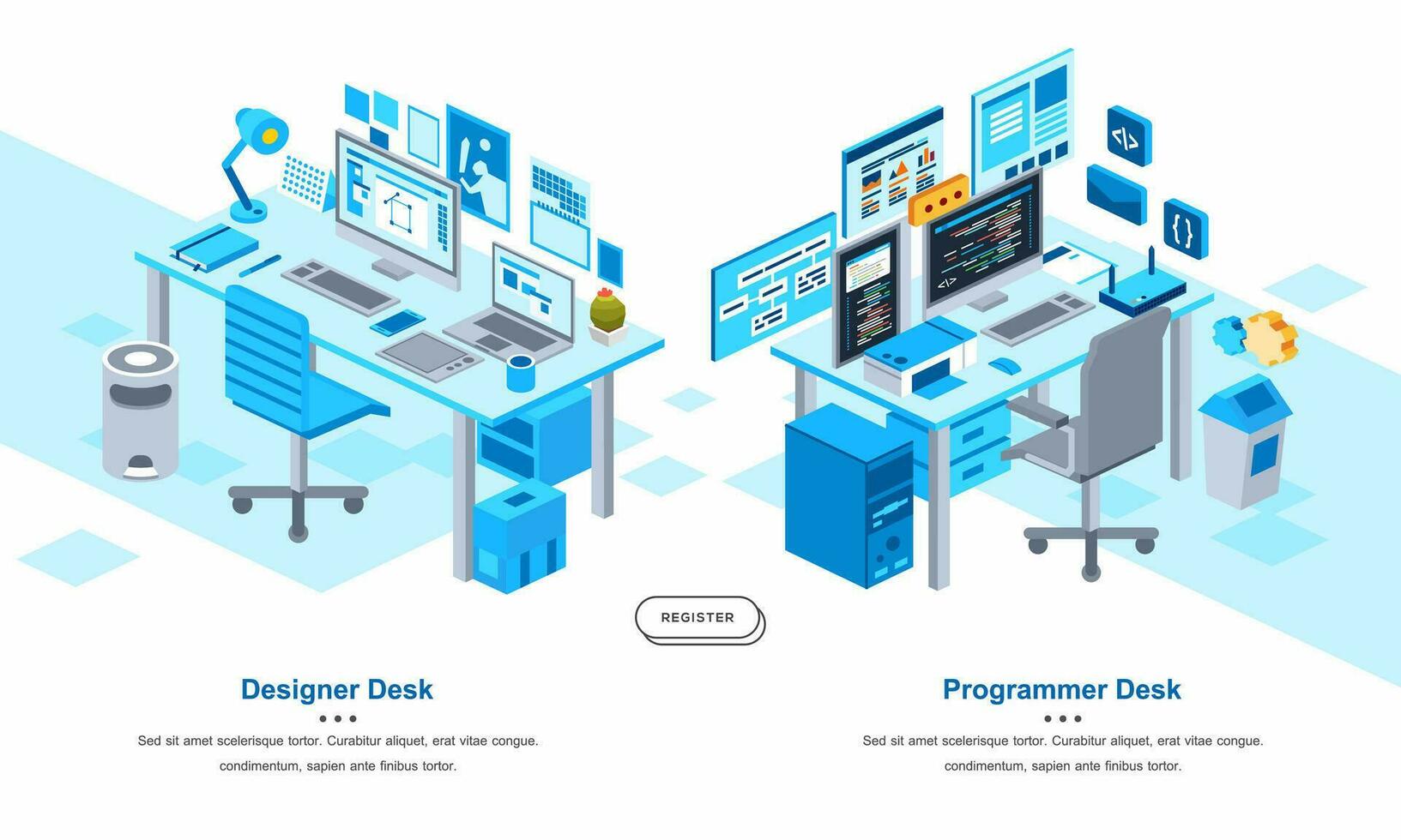 isometrisch Illustration von Vergleich zwischen Designer und Programmierer Arbeit Schreibtisch. vektor