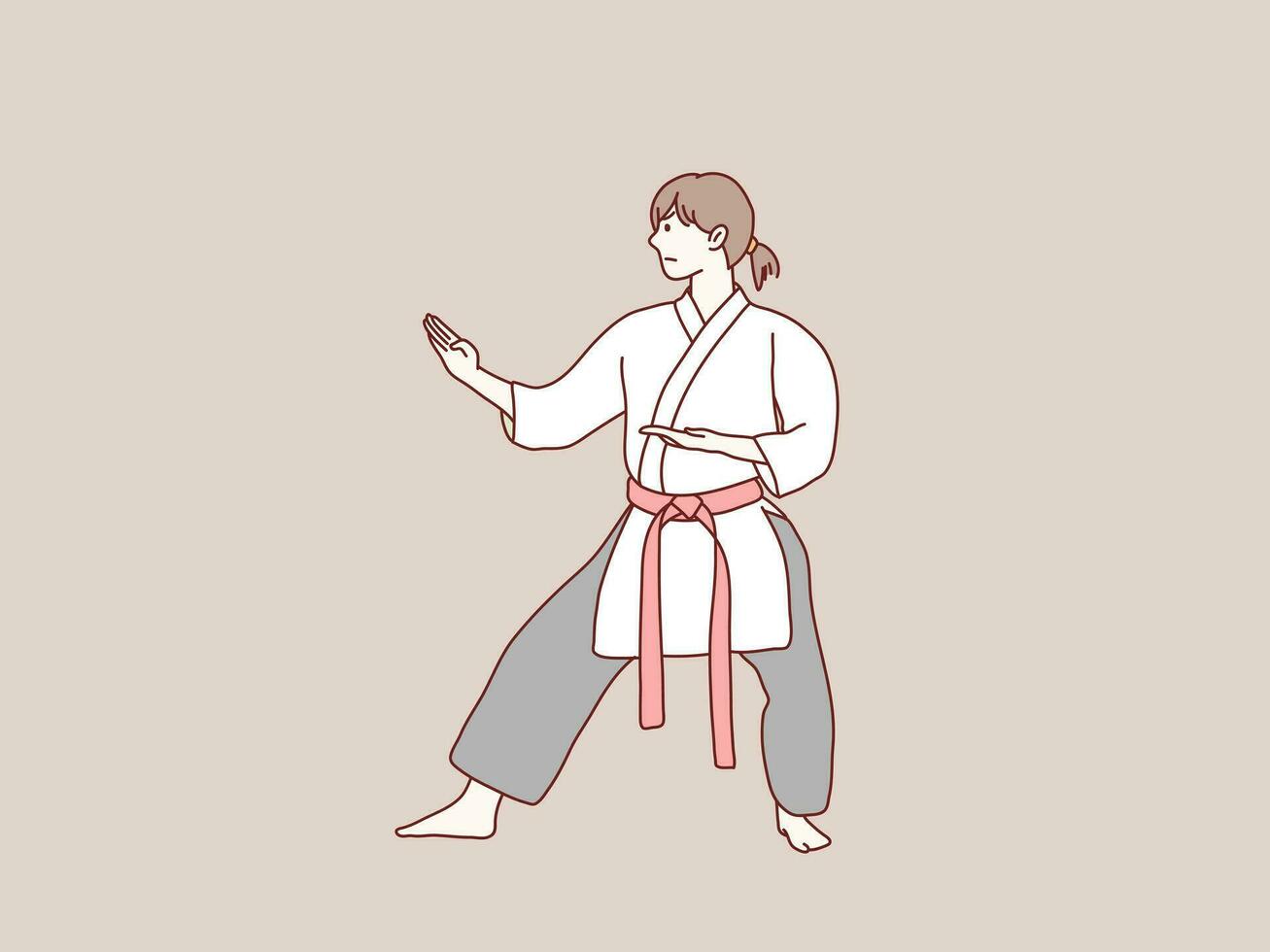 kvinna öva karate röd bälte hållning redo till Träning enkel koreanska stil illustration vektor