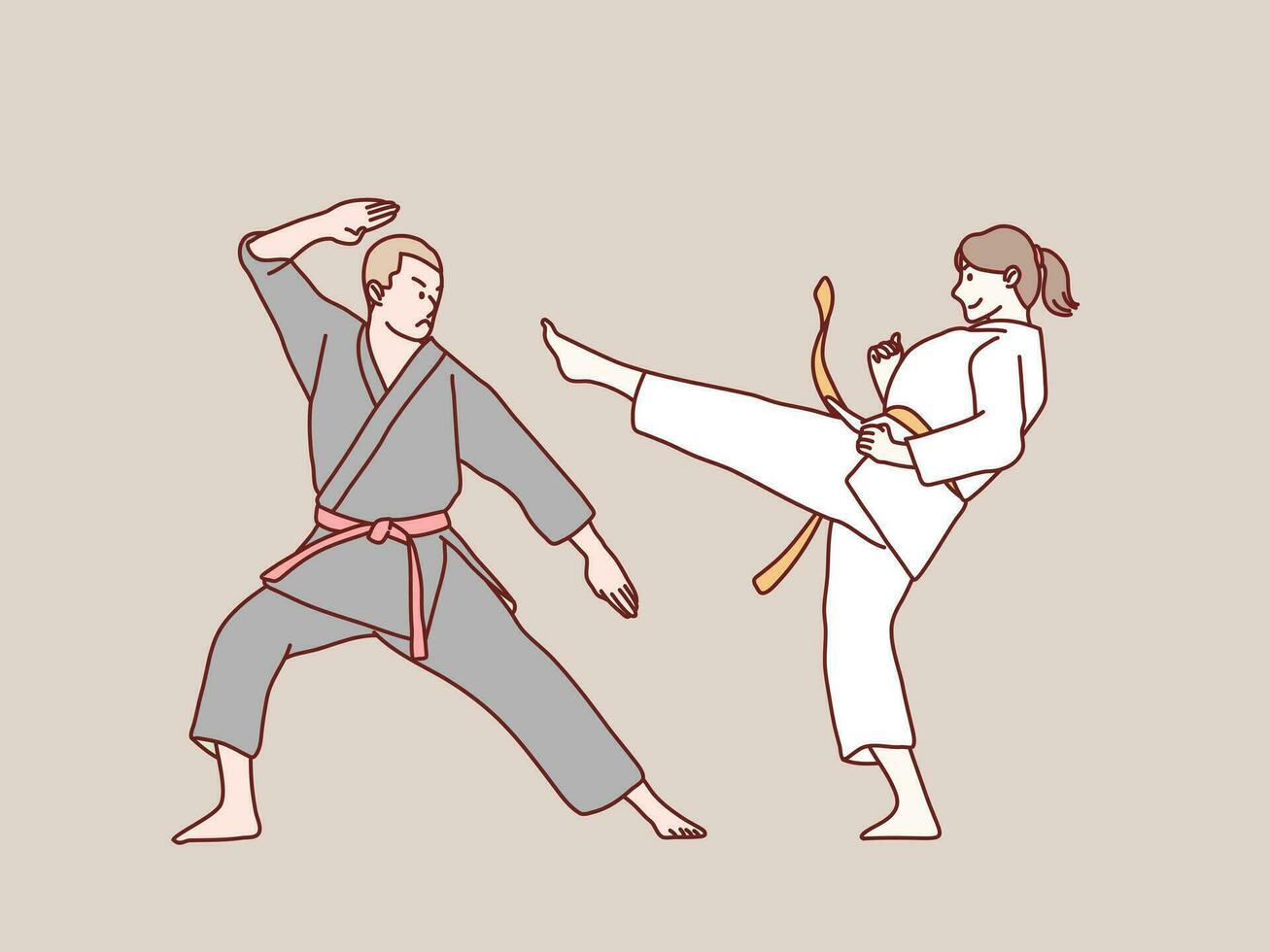 man kvinna öva karate röd bälte Träning sparring partner enkel koreanska stil illustration vektor