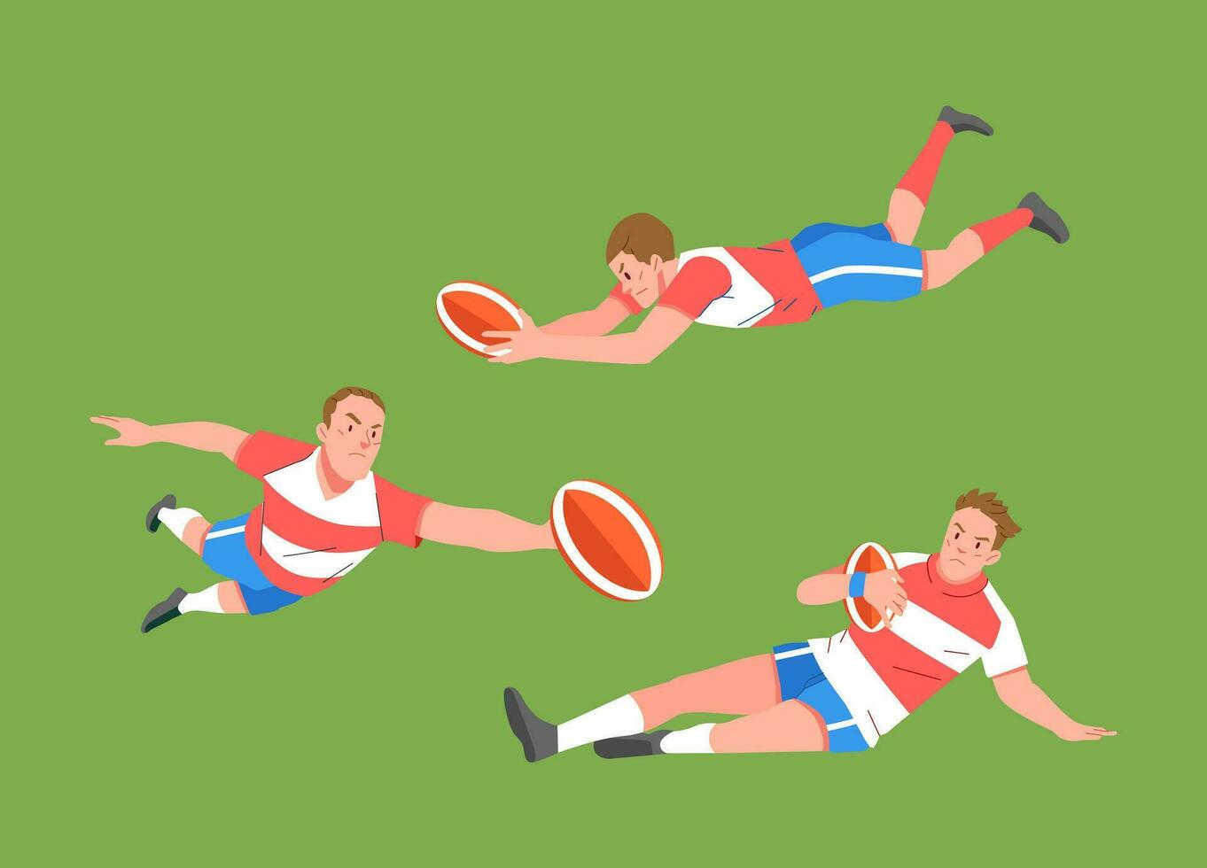 Rugby Sport Spieler im Aktion einstellen Fang Ball angehen und springen Charakter Illustration vektor