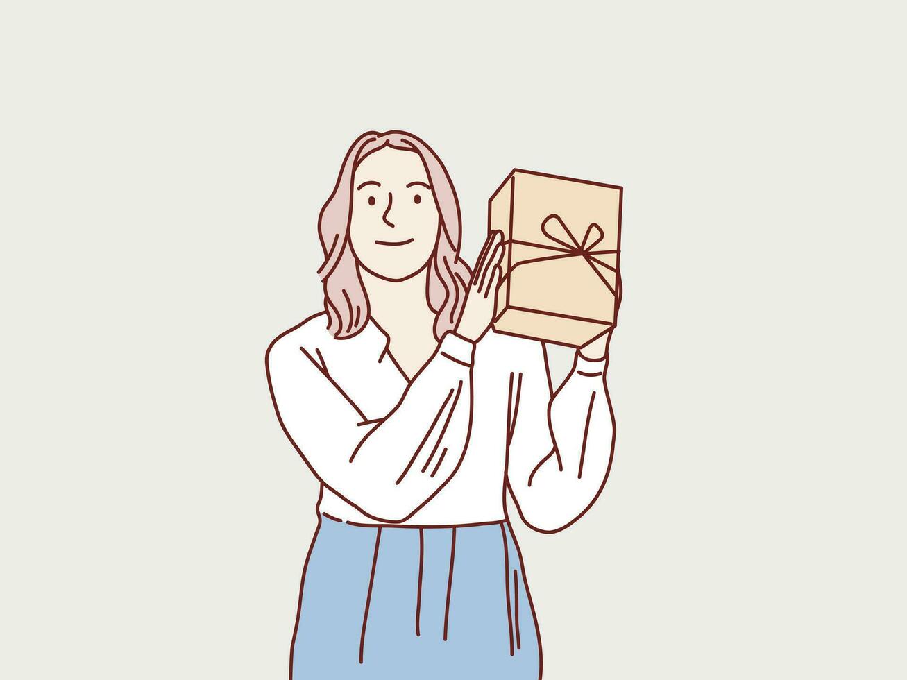 exits Lycklig glad ung kvinna skaffa sig gåva låda enkel karaktär koreanska stil illustration vektor