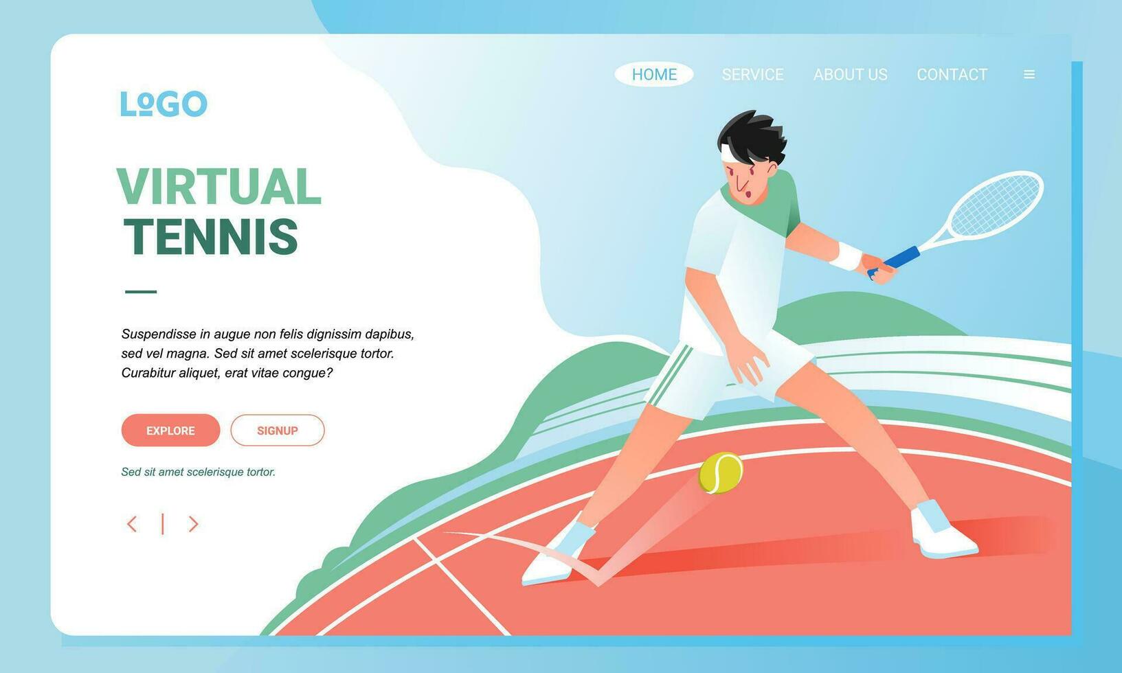 virtuell tennis mästerskap och turnering, man spelar tennis i de domstol landning sida baner illustration vektor