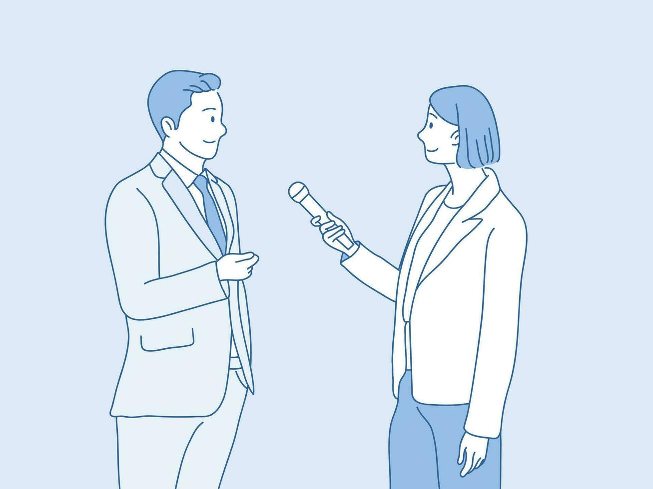 Geschäftsmann Interview Über Geschäft durch Reporter Frau nehmen einfach Koreanisch Stil Illustration vektor