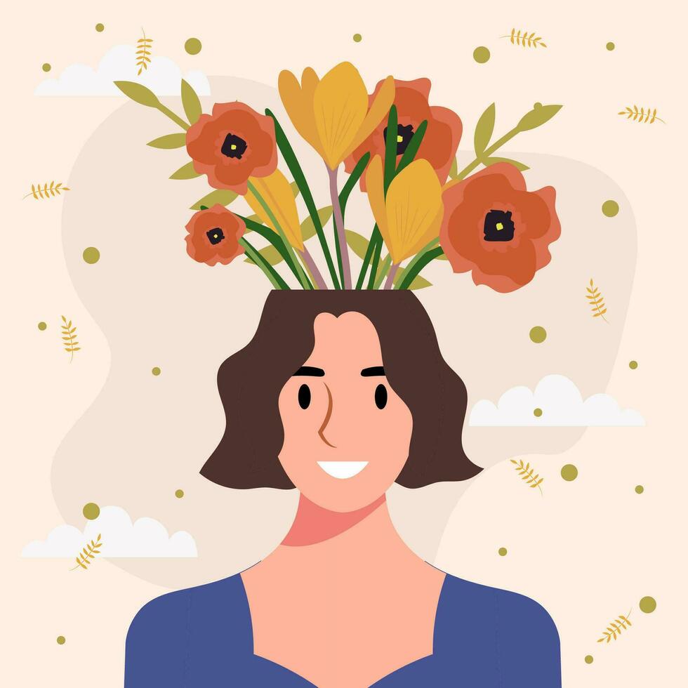 eben Design Vektor Illustration Konzept von Frau mit Blumen im ihr Kopf.