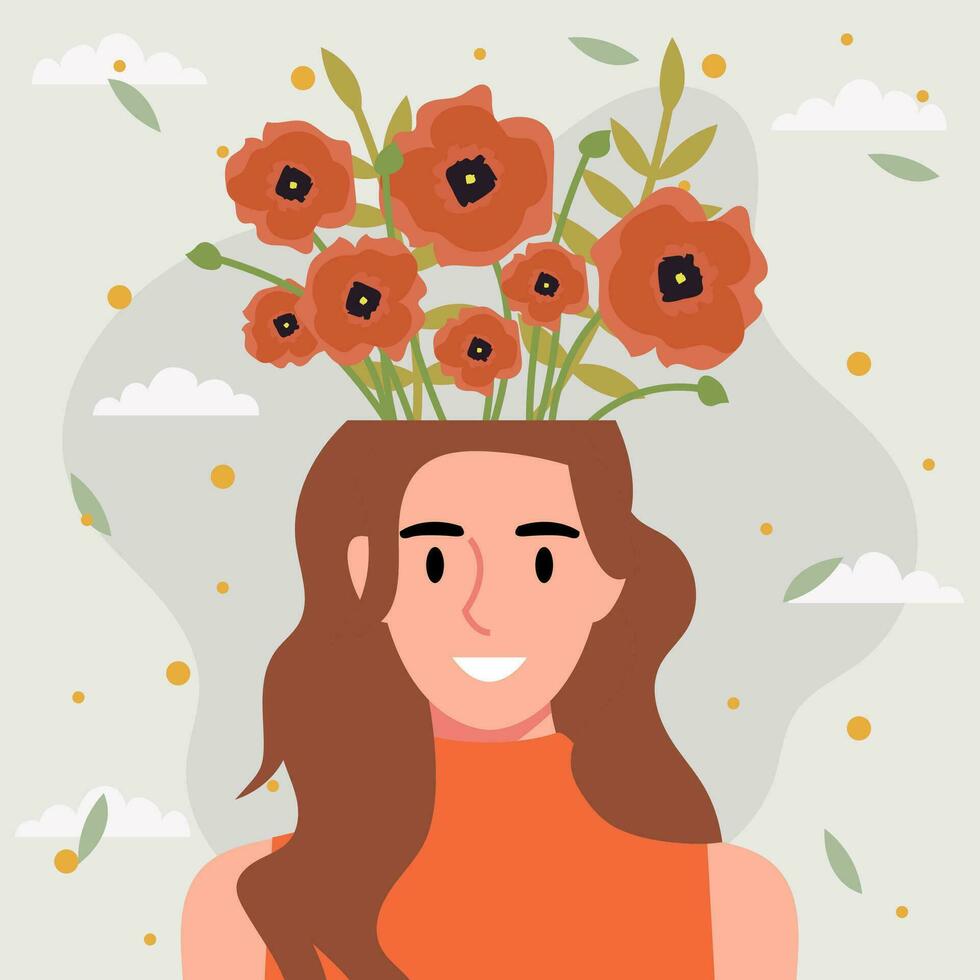 eben Design Vektor Illustration Konzept von Frau mit Blumen im ihr Kopf.