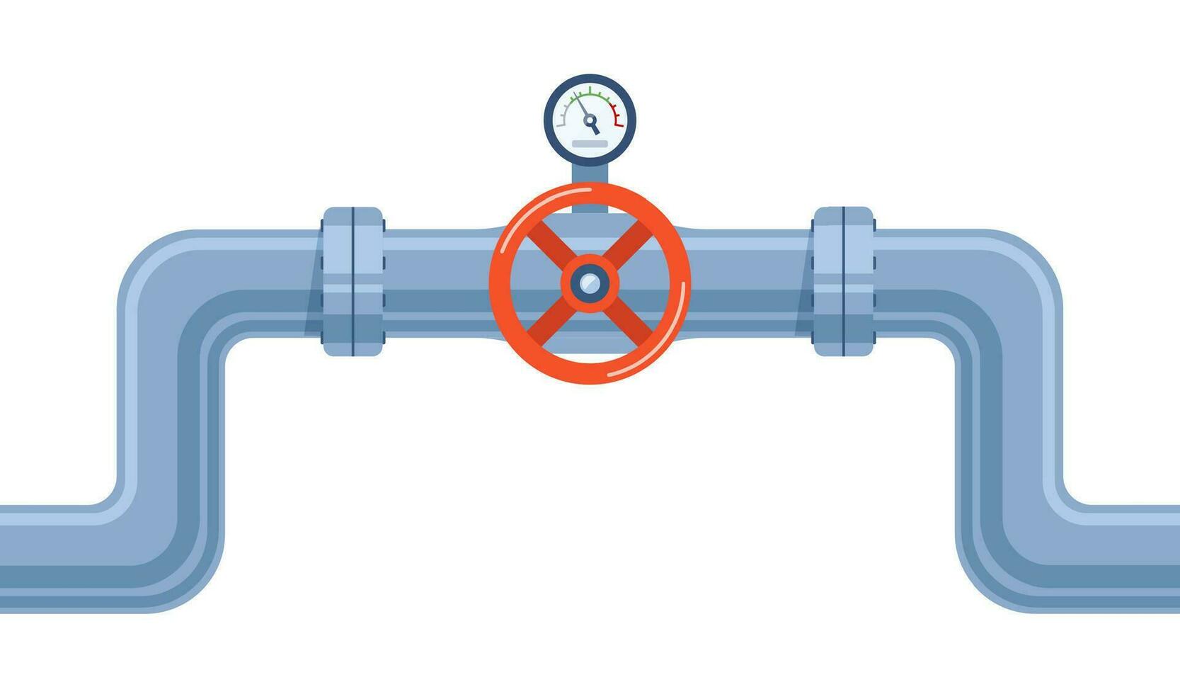 Rohr von Wasser mit Ventil und Meter von Druck. Konstruktion von Stahl Rohr. Vektor Illustration.