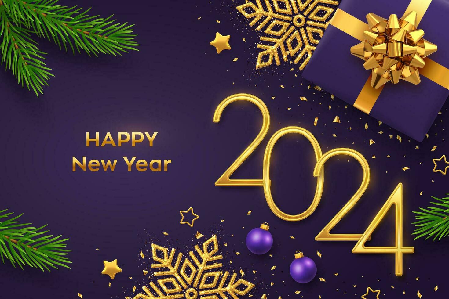 Lycklig ny 2024 år. gyllene metallisk tal 2024 med gåva låda, lysande snöflinga, tall grenar, stjärnor, bollar och konfetti på lila bakgrund. ny år hälsning kort eller baner mall. vektor. vektor