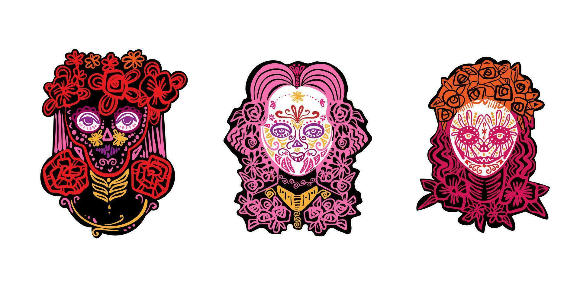 dag av de död- kvinna med socker skalle ansikte. samling ikoner vektor