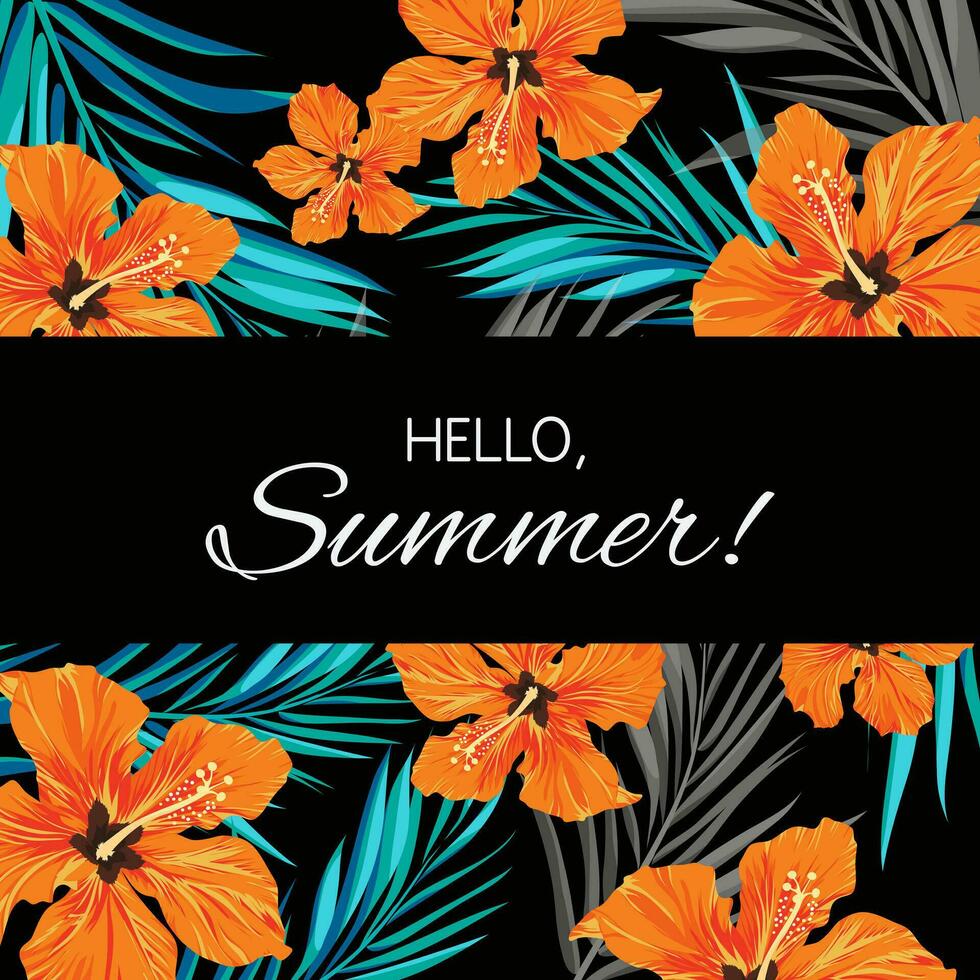Sommer- tropisch hawaiisch Hintergrund mit Palme Baum Blätter und exotisch Blumen vektor