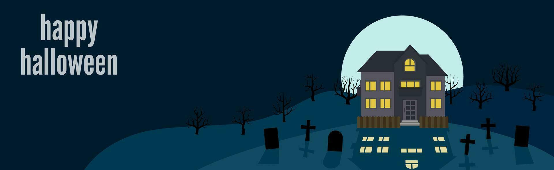 Lycklig halloween. festlig baner med en ensam hus på en bakgrund av de full måne på natt. vektor illustration.