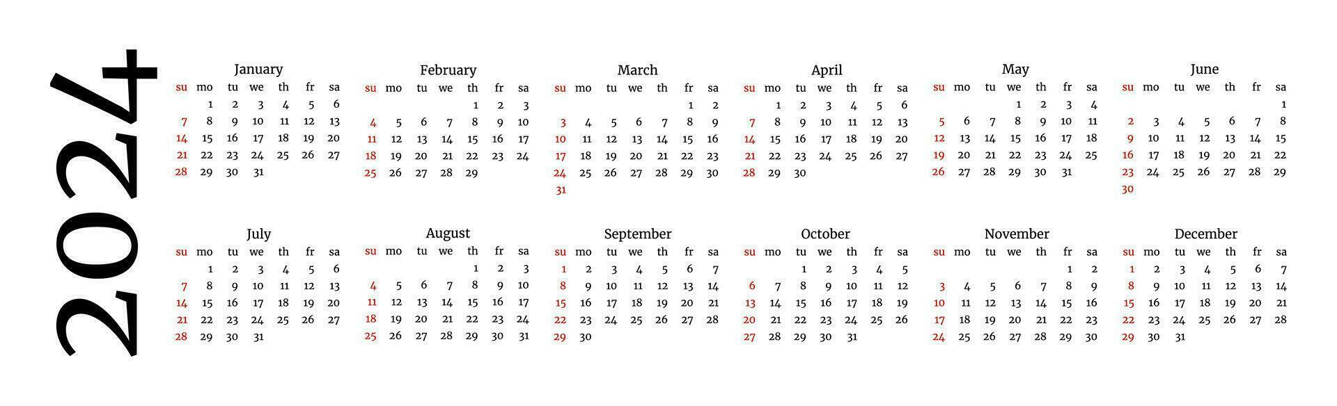 horizontal Kalender zum 2024 isoliert auf ein Weiß Hintergrund. Sonntag zu Montag, Geschäft Vorlage. Vektor Illustration