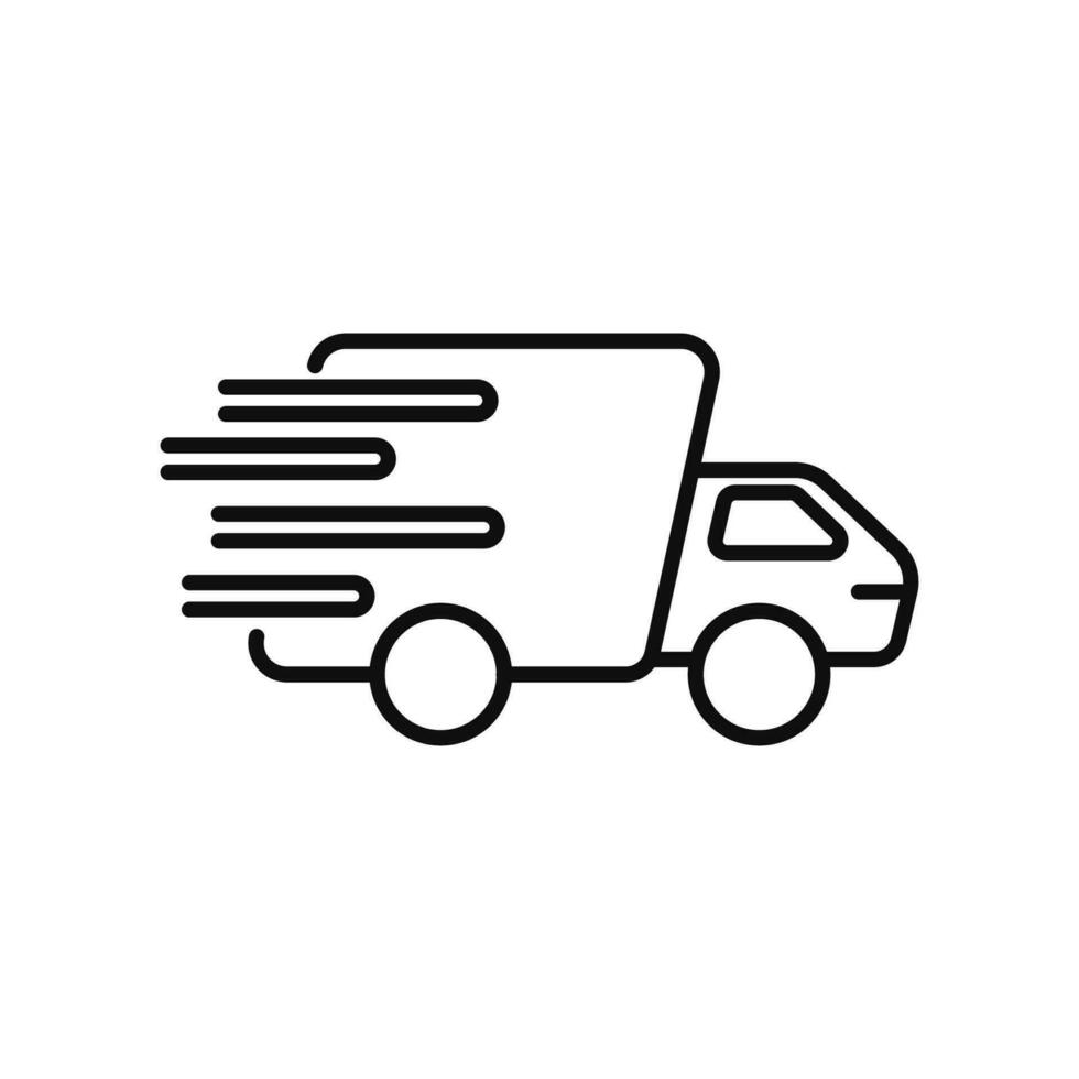 snabb leverans ikon. svart lastbil resor på bra hastighet för kvalitet kommersiell frakt och distribution av vektor skiften och varor