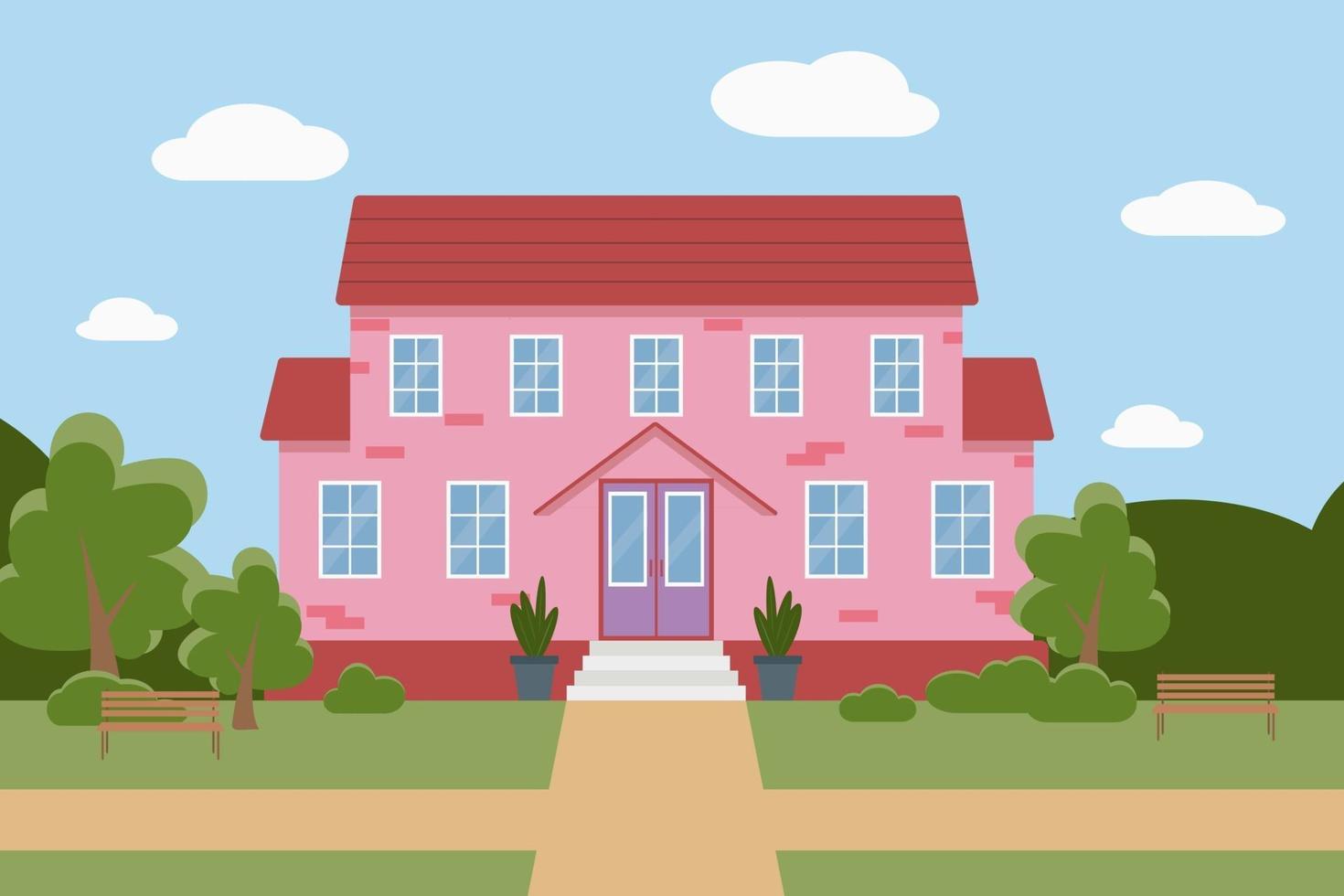 platt vektor illustration av ett rosa hus med träd och bänkar