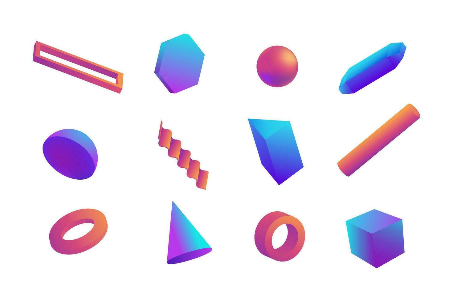 Neon- geometrisch 3d Formen Satz. Torus mit lila Hexagon und Dreieck wie modern Design Elemente mit Objekt von einfach Vektor Konstruktionen