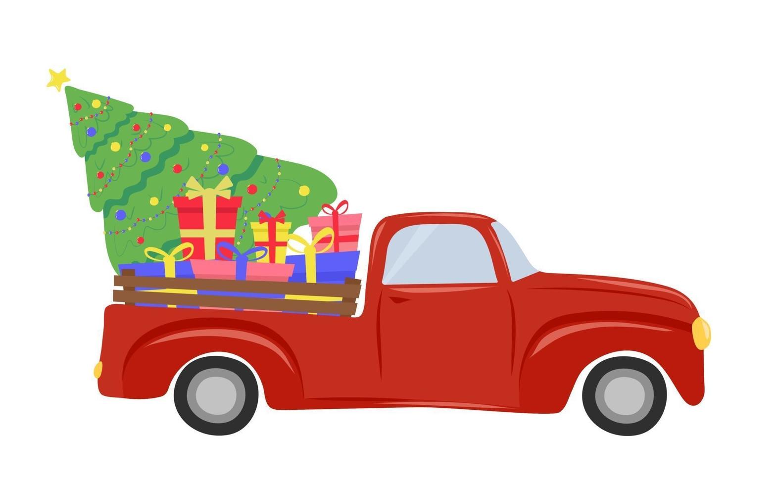 Weihnachtsroter LKW mit Weihnachtsbaum und Geschenken vektor