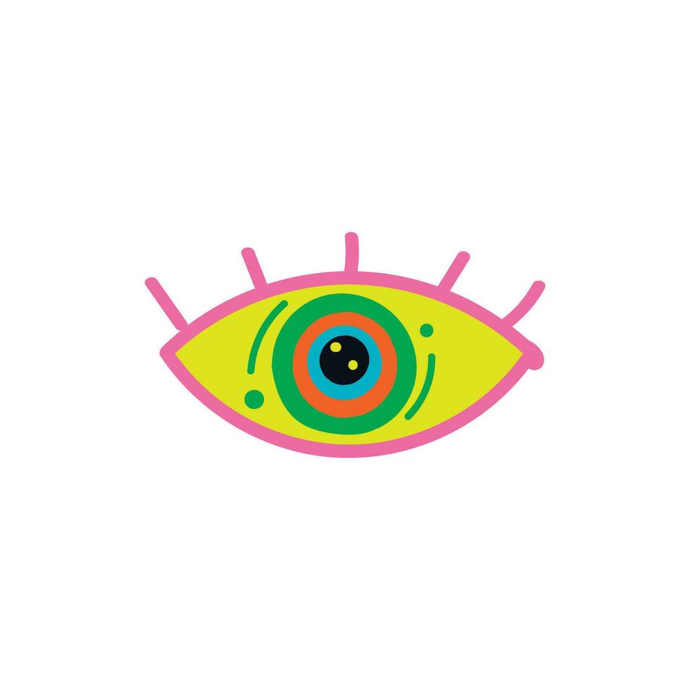psychedelic öga. färgrik hypnotisk syn med abstrakt dekoration för narkotisk andlig uppfattning årgång vektor hippie