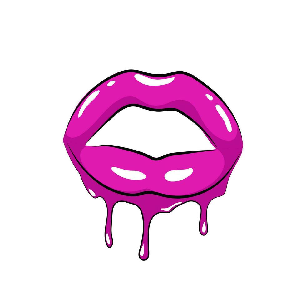 lila Pop Lippen mit Streifen. leidenschaftlich bilden mit sexy Küsse und Lächeln zum bunt Comic Design und öffnen Vektor Schönheit Ausdruck