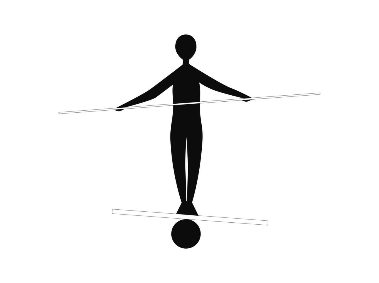 Silhouette von Mann ist balancieren mit Pole. minimalistisch Zahl hält Balance auf Tafel mit Ball Leben Harmonie und Suche zum richtig Pfad im Karriere. vektor