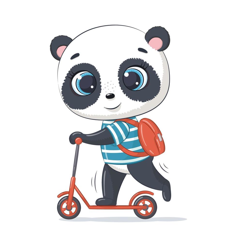söt baby panda på skotern. vektor tecknad illustration.