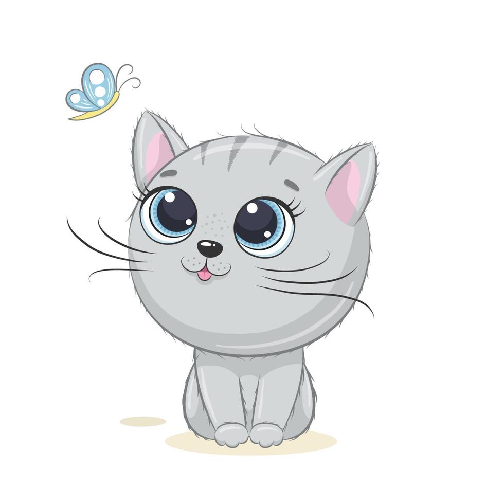 süße Babykatze mit Schmetterling. Vektor-Cartoon-Illustration. vektor