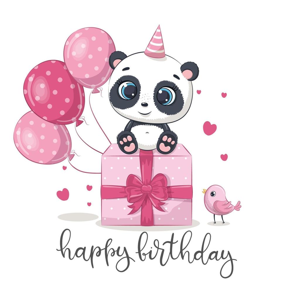 grattis på födelsedagen gratulationskort med panda. vektor tecknad illustration.