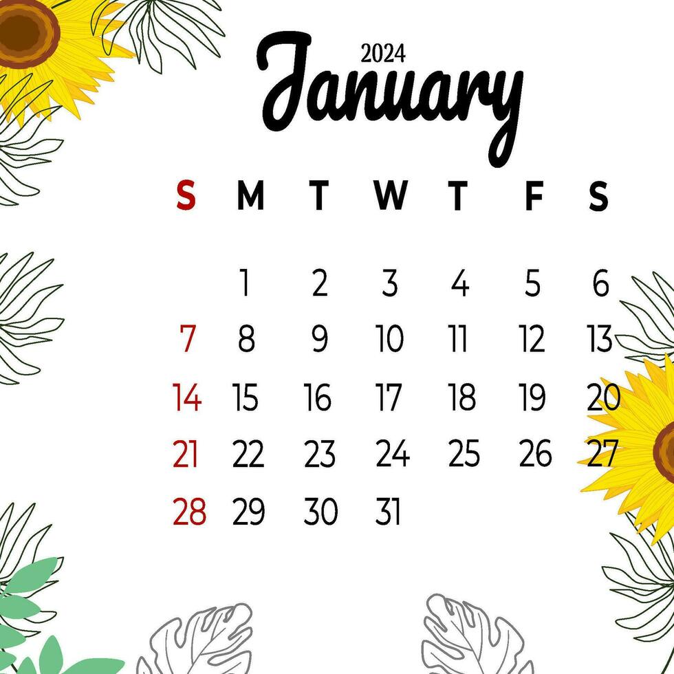 Kalender Januar 2024 Woche Start Sonntag vektor